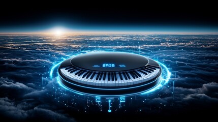 High-end piano glowing with interactive AR holograms, highlighting connectivity options and detailed sound profiles, advanced music setup