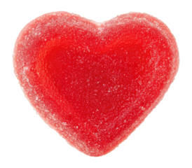 Close-up of red heart-shaped gummy candy coated with sugar crystals