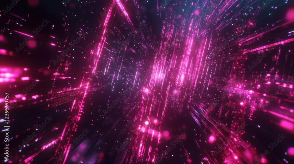 Poster abstract digital network with pink light lines and particle motion background