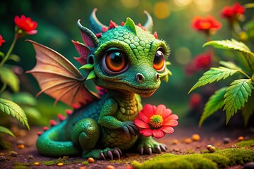 Adorable Green Dragon Holding Red Flower - Fantasy Creature Stock Photo