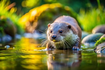 Fototapeta premium Adorable Otter Playing with Pebble in Miniature River Scene