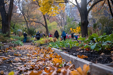 community garden, a garden alive with swirling leaves, active community, and dedication to environmental stewardship, celebrated on arbor day