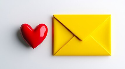 A yellow envelope with a glossy red heart inside represents the sentiments of love and affection