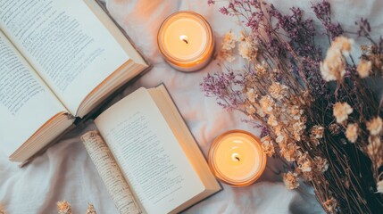 Cozy Reading Nook with Books, Candles and Dried Flowers, creating a Relaxing Atmosphere