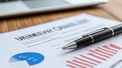 A business negotiation table with a laptop displaying financial reports, a pen, and printed contract documents.
