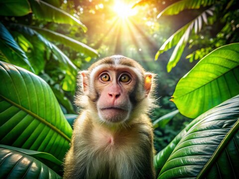 Aerial Drone Shot of a Single Monkey in Lush Green Jungle Canopy