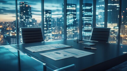 A corporate meeting table featuring an annual business plan document, a luxury pen, and financial data sheets, aerial view.