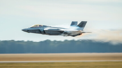 Military Fighter Jet Executing a High-Speed Maneuver Over an Open Field with a Clear Sky and Expansive Terrain Below