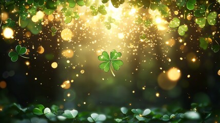 A serene green background featuring cascading shamrocks, with a central, intricately designed four-leaf clover symbolizing luck and festivity