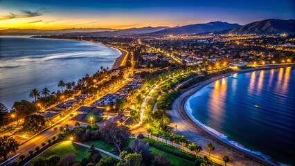 Aerial Night View of Shoreline Park & The Mesa, Santa Barbara, California Coastline