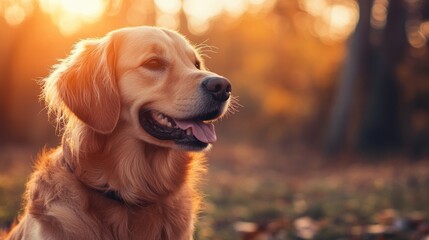 Golden retriever enjoying a sunny autumn afternoon in a serene park setting with blurred natural background. Generative AI