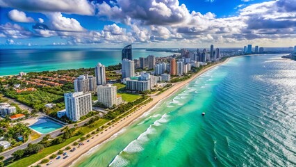 Fototapeta premium Aerial Panorama of Miami Beach's Turquoise Waters and Pristine White Sands
