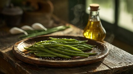 Freshly sauteed green beans glistening in olive oil, seasoned with coarse sea salt, on a rustic wooden plate, dynamic lighting for realism, a homey background