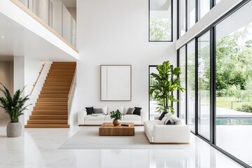 Fototapeta premium Chic luxury home interior with white marble floors and designer furniture.