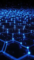 Obraz premium Futuristic network, glowing nodes, data flow, dark background, tech concept