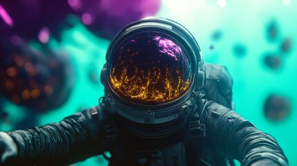 Astronaut drifting near a distant exoplanet with glowing oceans and plants.