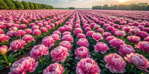 Pink Peony Field at Sunset: Rows of vibrant pink peonies stretch to the horizon, bathed in the golden light of a breathtaking sunset, creating a scene of idyllic beauty and tranquility.
