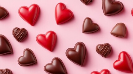 Fototapeta premium A vibrant Valentine’s Day background showcases a red envelope, a love letter spilling out, and candy hearts with romantic inscriptions on a pastel pink table