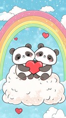 Obraz premium Cute kawaii-style pandas holding a red heart, sitting on a soft fluffy cloud, with a rainbow arching in the background