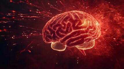 Cybernetic human brain glowing with crimson energy, half organic, half mechanical, surrounded by fine red mist and neon sparks