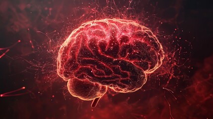 Obraz premium Cybernetic human brain glowing with crimson energy, half organic, half mechanical, surrounded by fine red mist and neon sparks