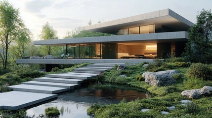 Modern hillside house, tranquil garden, sunset