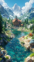 Mountain village lake koi fish scenic postcard