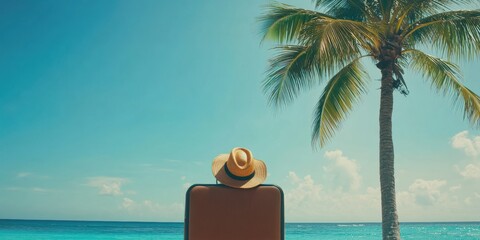 Fototapeta premium Imagine a peaceful summer getaway with a vintage suitcase packed with essentials, a stylish sun hat on your head, relaxing on a calm beach under a clear blue sky, surrounded by swaying palm trees