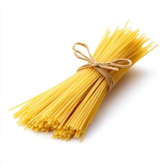 Bundle of Raw Yellow Spaghetti Tied with Twine on a White Background for Culinary and Food Photography