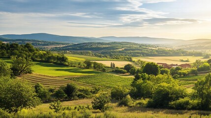 Fototapeta premium Rolling hills and vineyards at sunrise create a stunning landscape view