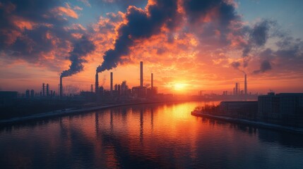 Obraz premium Industrial pipe emitting smoke near a factory in an urban setting.