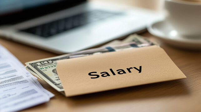 Photo of an envelope labeled 'Salary' filled with cash on a desk, showcasing financial planning and salary management.