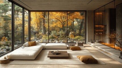 Fototapeta premium Modern autumn living room, forest view, minimalist design, relaxation