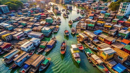 Fototapeta premium Aerial View of Historic Hong Kong Floating Village, Traditional Junks, Houses on Water, Drone Shot