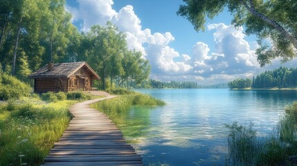 Obraz premium Lakeside cabin path, sunny summer forest scene, tranquil getaway