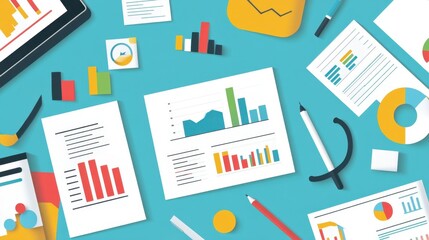 A structured business planning workspace with workflow diagrams, KPI dashboards, and a professional report for an upcoming meeting.