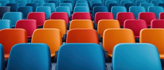 Naklejka premium Colorful Rows of Modern Chairs in a Bright and Vibrant Setting for Event Spaces or Waiting Areas
