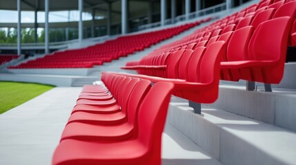 Obraz premium Empty bright red stadium seats in a modern sports arena showcasing clean lines and contemporary architecture