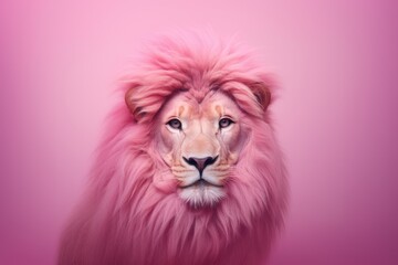 Majestic pink lion portrait on rosy background. Unique animal art concept for fashion, beauty, and creativity. Surreal wildlife image for social media, marketing campaigns, and girl power themes.