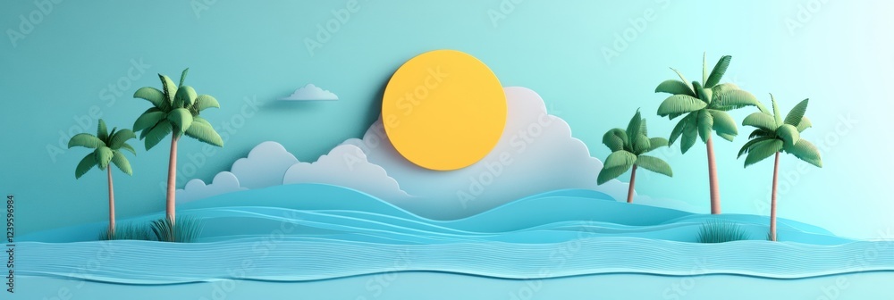 Poster bright sun over serene tropical landscape with waves and palm trees during daytime of a clear sky. g