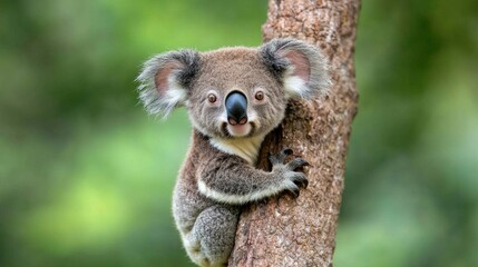 Obraz premium Cute koala joey on eucalyptus tree, Australian rainforest