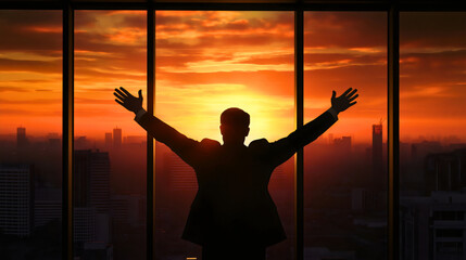 Silhouette of Businessman Celebrating Success at Sunset Over Cityscape