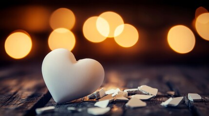 A shattered, pristine white ceramic heart lies on a dim background, conveying sorrow, loss, and heartbreak in a melancholic, eerie mood.