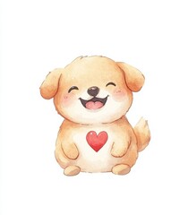 Fototapeta premium Adorable watercolour illustration of a little dog holding a large speech balloon with a heart inside. This hand-painted, sketchy artwork makes a great clipart for design projects, greeting cards, and