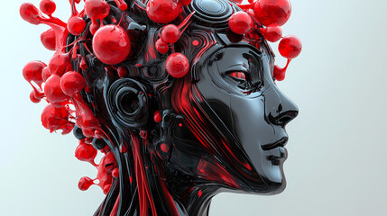 3d illustration of a futuristic head with red growths and metallic elements. Biopunk Elements. Illustration