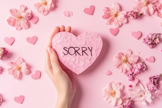 Apology. A close-up shot of a woman gripping a pink paper heart with "Sorry" written on it.