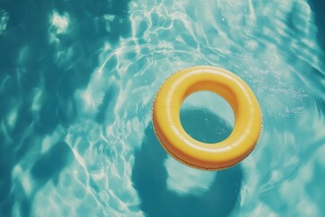 A bright and vibrant yellow pool float rests serenely and gracefully on the sparkling blue water, perfectly capturing the true essence of summer leisure, enjoyment, and relaxation under the warm sun