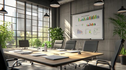 A well-lit conference table prepared for a product launch presentation with marketing strategy notes and data charts.