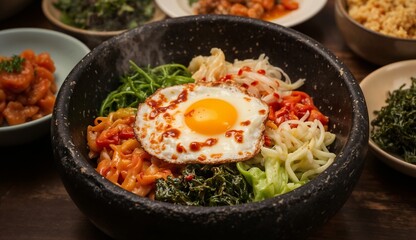 Authentic Korean dish, colorful bibimbap served in a black stone bowl, topped with a sunny-side-up egg, fresh vegetables, and gochujang sauce, surrounded by side dishes like kimchi and seaweed
