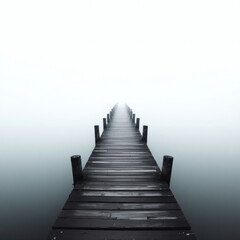 Fototapeta premium A tranquil pier stretches into misty, still waters, creating a serene and peaceful atmosphere perfect for relaxation.